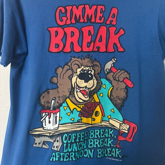 Vintage 80s 90s t-shirt blue single stitch kitschy bear Gimme A Break M-L - Picture 2 of 8